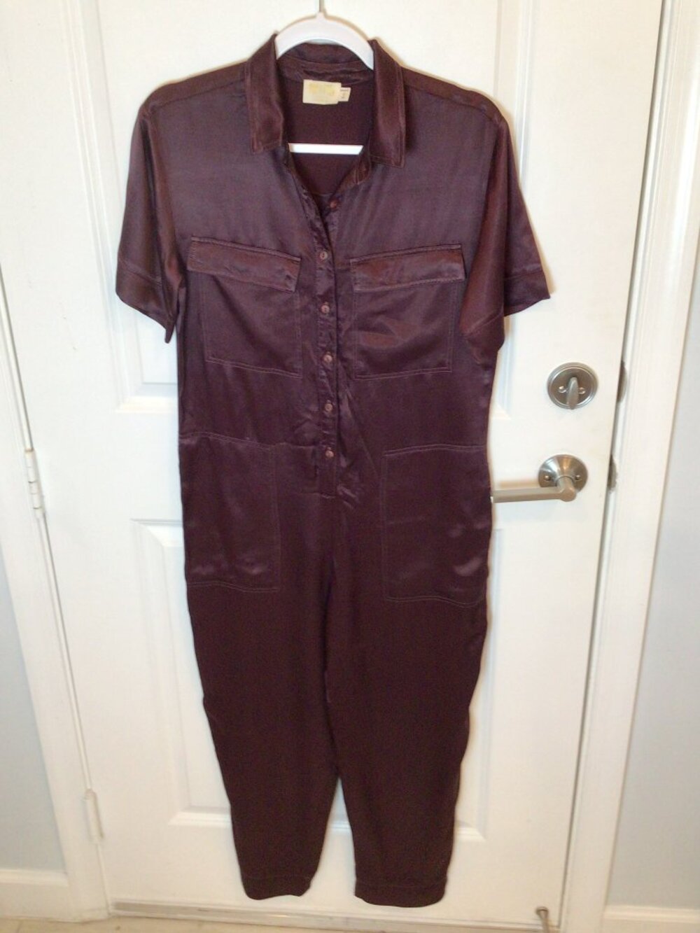 Nation LTD Burgundy Short Sleeve Satin Utility Jumpsuit